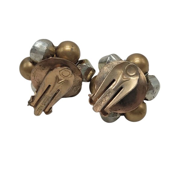 Vintage Gold & Silver Tone Cluster Clip-On Earrings Made In Hong Kong - Picture 4 of 9